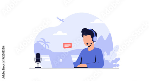 Remote Work Professional with Headset and Laptop in a Scenic Travel Location - Online Communication, Podcasting, and Digital Nomad Lifestyle