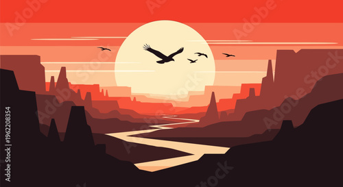 Birds flying in a vibrant sunset sky over a winding river.