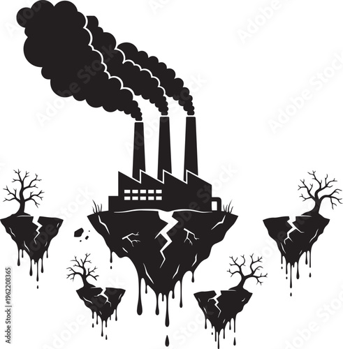 Black silhouette of a polluting factory on a broken earth with trees