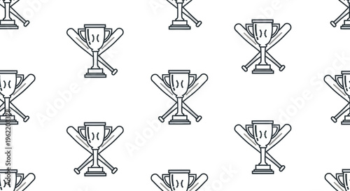 Seamless pattern of baseball trophies with crossed bats in a minimalist line art style on a white background.