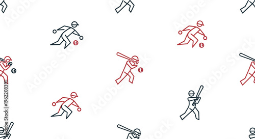 A repeating pattern of stylized cricket figures, including batsmen and bowlers, rendered in simple red and blue outlines against a clean white backdrop.