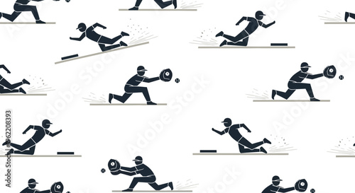 A repeating pattern of black silhouette baseball players sliding into bases and catching balls on a white background, depicting various game actions.
