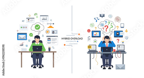 Hybrid Overload: Productive Worker vs. Stressed Employee. Digital Workflow, Task Management & Workplace Efficiency