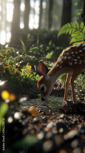 Gentle Fawn Drinking Water in a Serene Forest Environment