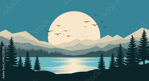 Birds flying over a serene lake at sunset with mountains in the background.
