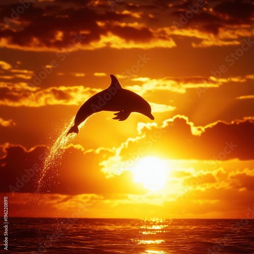 Dolphin Jumping Above Water During Vibrant Sunset Sky Scene