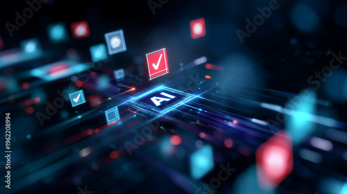 Futuristic AI safety dashboard with check marks and warning icons, artificial intelligence monitoring, digital compliance system, machine learning risk control, cybersecurity managment