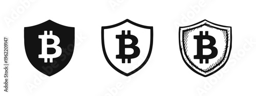 Bitcoin Cryptocurrency Security Shield Icons Set, Digital Crypto Protection Symbol, Blockchain Safety Emblem