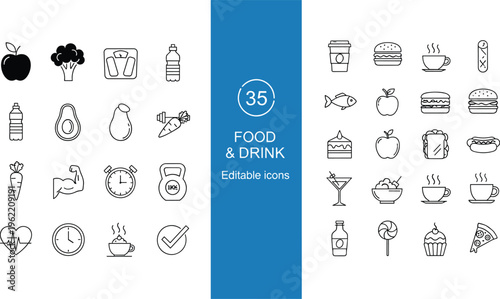 Food and drink editable line icons set with fruits beverages desserts and health symbols minimal vector illustration isolated on white background