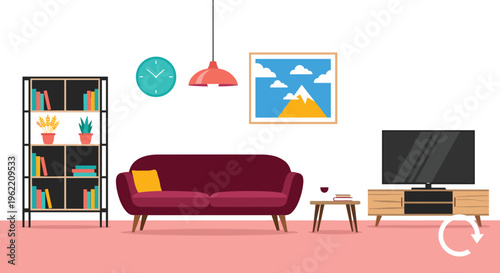 Cozy Living Room Interior with Sofa, TV, Bookshelf, and Decorative Items for Home Comfort"