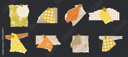 Yellow scrapbook torn paper set. Retro paper decor. Scraps of yellow vintage wrapping paper, postcards, butterfly. Vector design template for design collage.