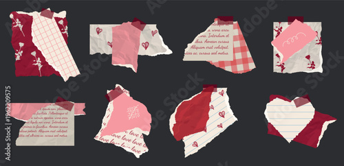 Collection of red scrapbook torn paper. Retro paper decor. Scraps of romantic vintage wrapping paper, postcards. Vector design template for design collage. Valentine's Day scrapbook.