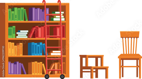 Colorful Bookshelf with Ladder and Chairs, Featuring Organized Book Storage for Home or Office Spaces