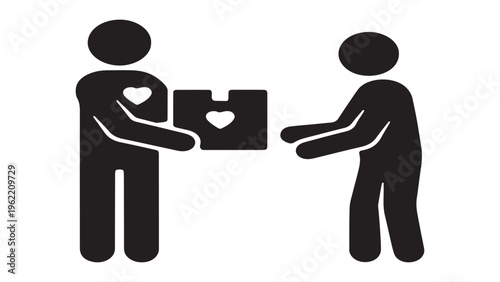 Person giving a donation box with heart symbol to another person, charity and community support concept.