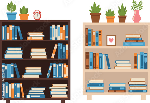 Modern Bookshelves with Decorated Plants and Clocks, Filled with Assorted Books for Home or Office