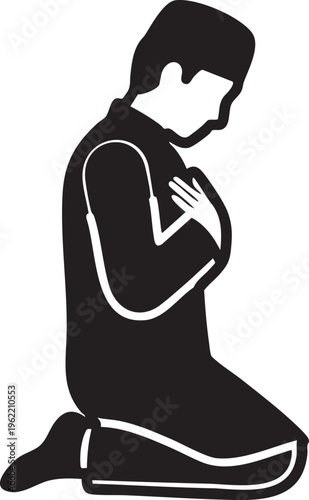 A black silhouette of a man kneeling in prayer