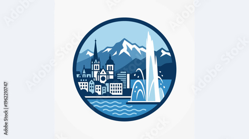 Geneva City Skyline with Jet d'Eau and Mountains