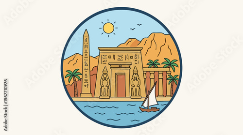Ancient Egyptian Temple and Obelisk by the Nile River