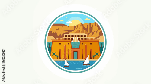 Ancient Egyptian Temple Beside the Nile River with Sailing Boats