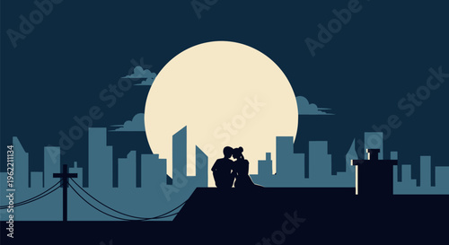Couple embracing on a rooftop under a full moon, silhouetted against the city skyline.