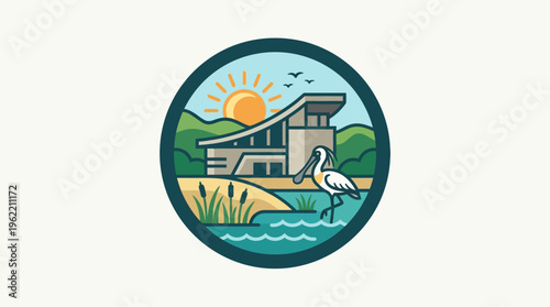 Modern Nature Center With Bird and Sun