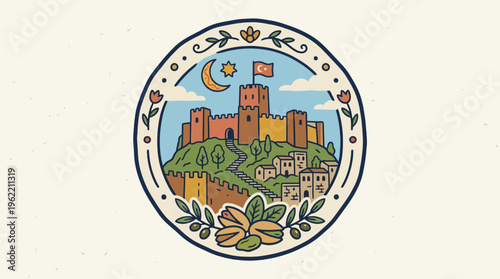 Historic Castle Emblem With Turkish Flag and Pistachios