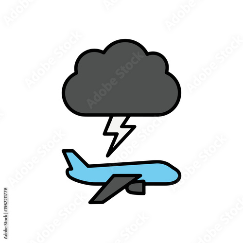 Airplane flying in bad weather with storm clouds and lightning strike