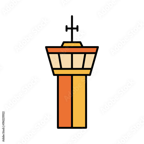 Tall orange and white airport air traffic control tower flat vector