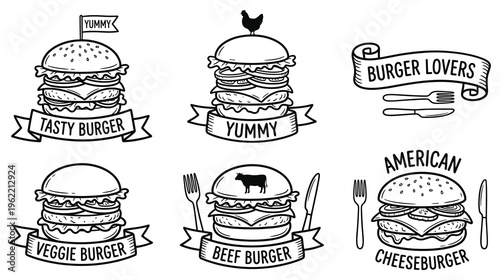 Fast food burger badges with beef veggie and cheeseburger typography.