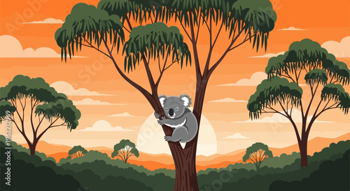 Cute Koala Bear Clinging to Eucalyptus Tree Trunk.