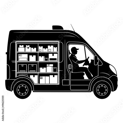 Delivery Van Interior with Driver and Packaged Goods, Minimalist Black and White Illustration