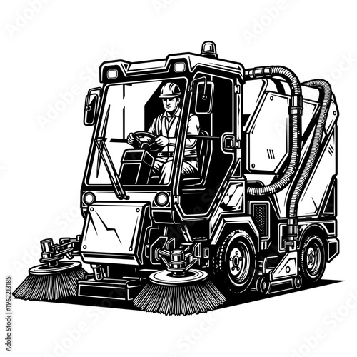 Professional street sweeper operator cleaning urban sidewalk with modern municipal vehicle, black and white illustration