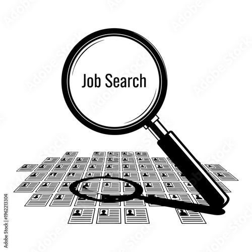 Magnifying glass examining job search resumes and applications on a desk, black and white illustration