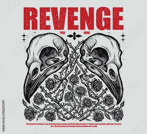 Vector illustration distortion artwork two bird skulls with thorny roses and the word "REVENGE" for t-shirt print design template
