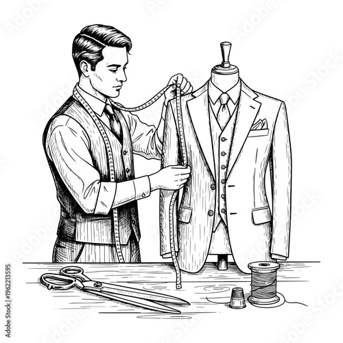 Vintage Illustration of Tailor Adjusting Suit on Mannequin with Sewing Tools on Worktable