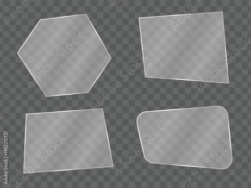 Collection of four geometric and organic shaped clear glass plates with subtle light reflections and soft edges for design applications