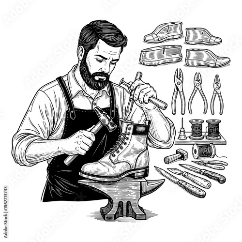 Professional Cobbler Repairing Leather Boots with Traditional Tools and Equipment Line Art Vector