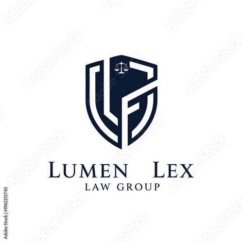 Modern blue "Lumen Lex" law group shield logo with abstract scales of justice, designed on an isolated white background.