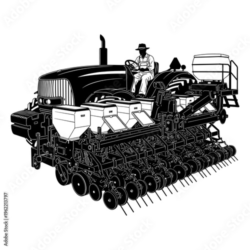 Vintage Black and White Tractor Seeding Machine with Farmer Operating in Agricultural Field