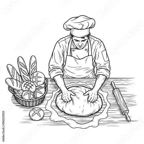 Chef kneading dough on wooden table with fresh bread loaves and rolling pin in cozy kitchen setting
