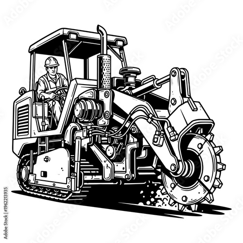 Illustrated Construction Worker Operating Heavy Road Roller Machine, Black and White Line Art