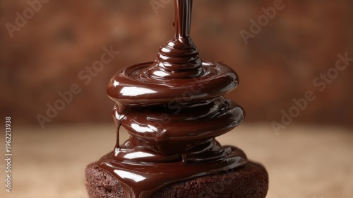 Silky smooth dark chocolate ganache pouring over a rich brownie, creating a decadent dessert.