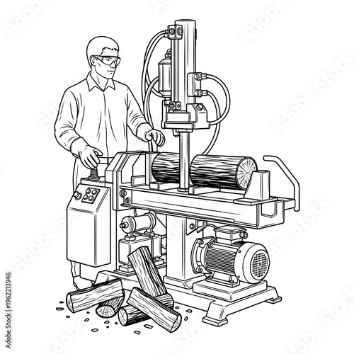 Skilled craftsman operating a wood planer machine in a workshop, detailed illustration