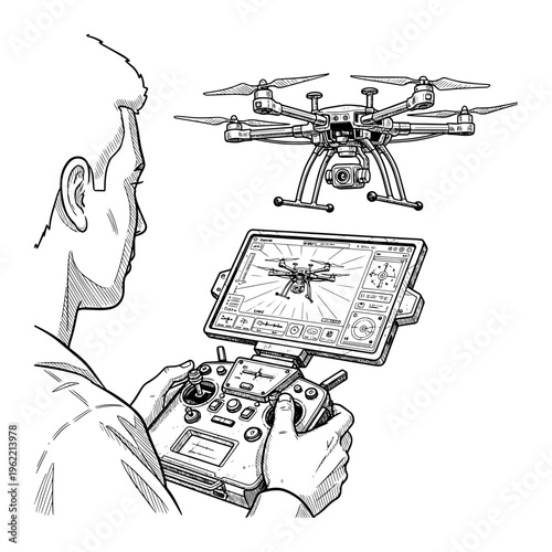 Professional controlling quadcopter drone with remote tablet display, modern aviation illustration