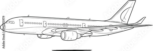 Passenger airplane line art illustration, commercial aircraft vector, aviation transport design, jet plane outline, detailed airliner drawing isolated on white
