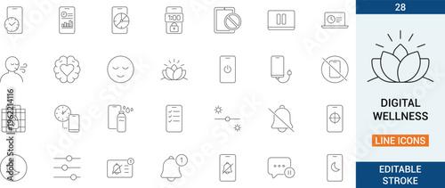 Outline icon set focused on digital wellness, featuring screen time control, mindfulness, detox, healthy habits, focus tools, and sleep balance for modern apps and UI design.