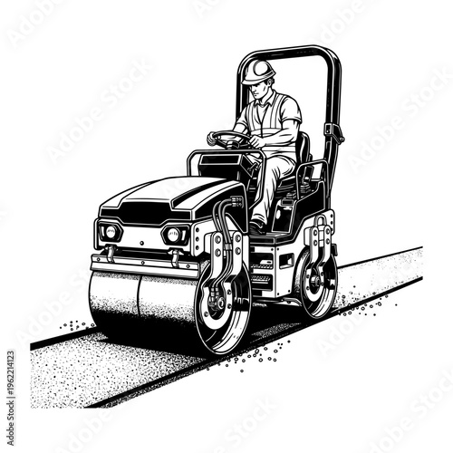 Construction worker operating road roller on paved surface, vintage illustration style