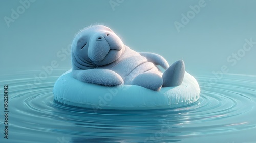 Relaxing Cartoon Seal on Float in Calm Water Under Clear Sky
