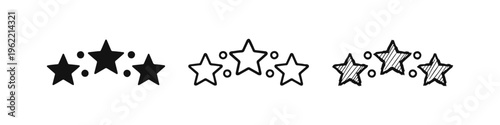 Three Stars Rating Icon Set. Quality and Review Feedback Symbol in Solid, Outline, and Hand-Drawn Styles.
