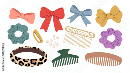 Collection of colorful hair accessories including bows scrunchies combs and clips for styling Vector